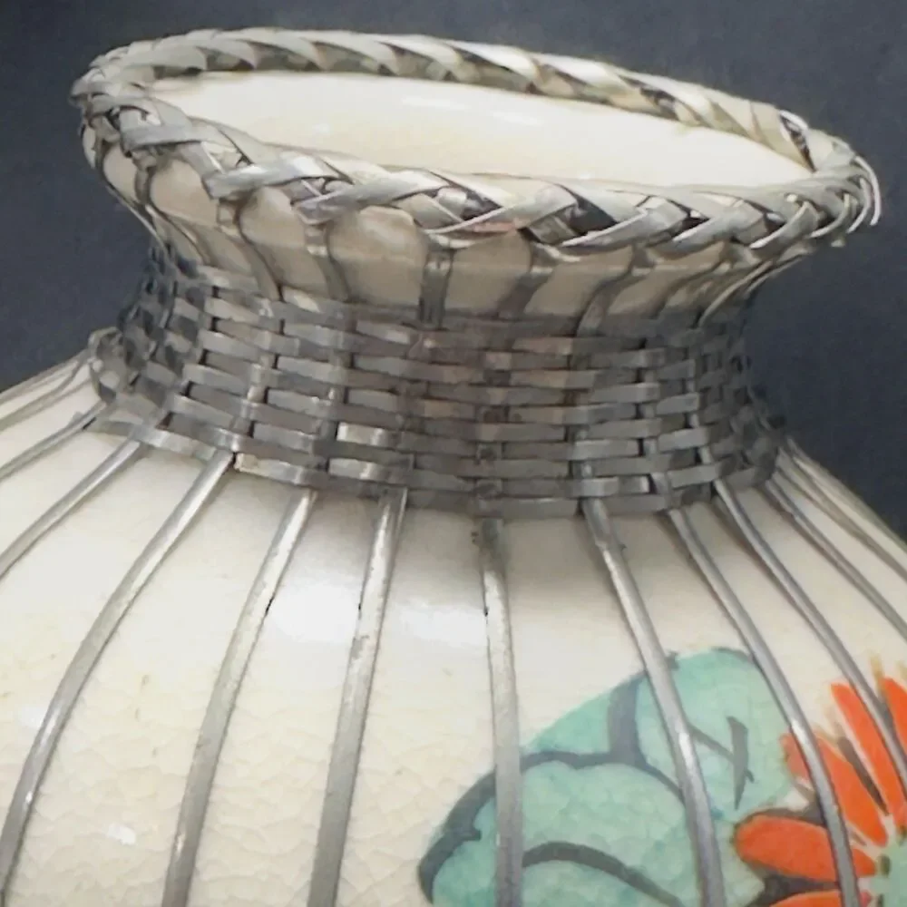 Japanese Meiji period Awaji Vase w/silver basket weave overlay pottery floral de